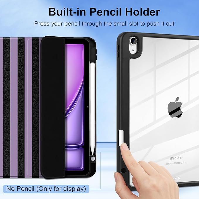 DONGKE Case for iPad Air 11-inch M4 2026 &amp M3 2025 &amp M2 2024 iPad Air 5th/4th Generation 10.9 2022/2020 [Built-in Pencil Holder] Clear Acrylic Back Trifold Stand Smart Cover Purple Stripes