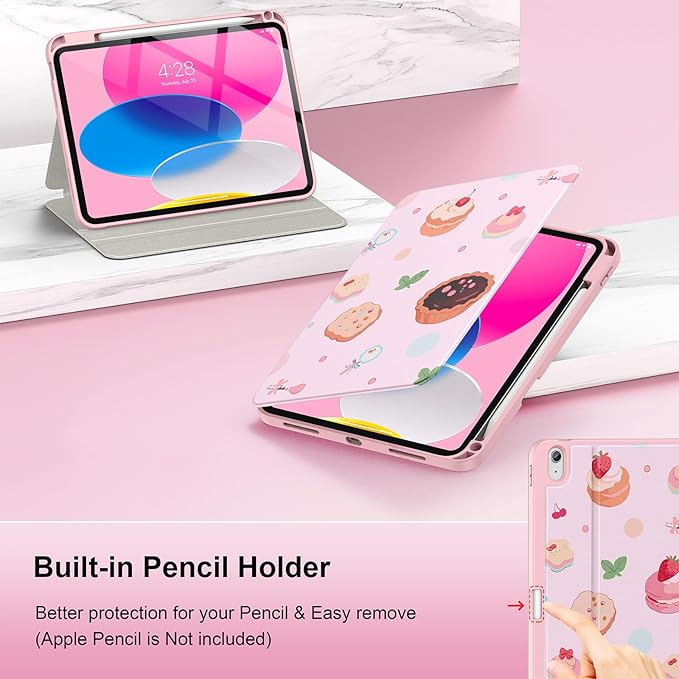 Supveco Case for iPad (A16) 11th Generation 11 inch (2025)iPad 10th Generation 10.9 inch (2022) with Pencil HolderPremium Folio Stand Case with Soft TPU Back CoverAuto Wake/Sleep-Pink Cake