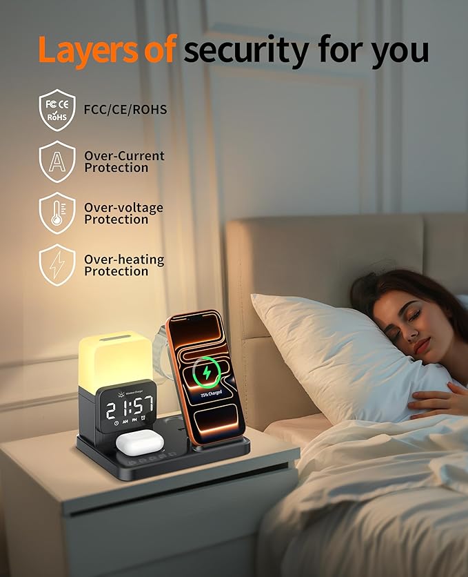 6-in-1 Wireless Charging Station Charger Stand for Apple Multiple Devices for iPhone 17 16 15 14 13 12 Pro Max Watch Airpods Wireless Charger iPhone Charging Station with Night Light/Alarm Clock
