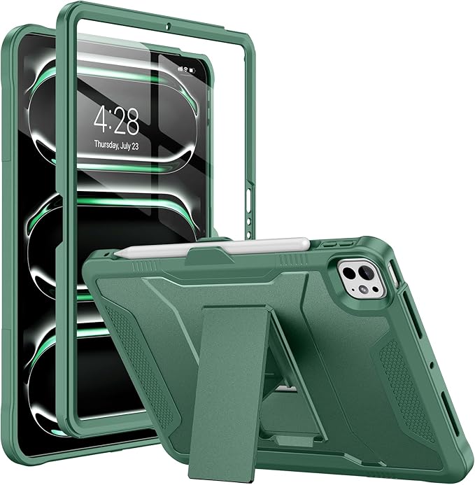 Soke Case for iPad Pro 11 Inch (M5) 2025/ (M4) 2024 with Built-in Screen Protector &amp Kickstand Rugged Full Body Heavy Duty Protective Cover with Pencil Holder - Midnight Green