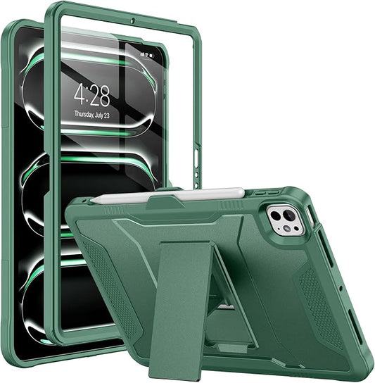 Soke Case for iPad Pro 11 Inch (M5) 2025/ (M4) 2024 with Built-in Screen Protector &amp Kickstand Rugged Full Body Heavy Duty Protective Cover with Pencil Holder - Midnight Green