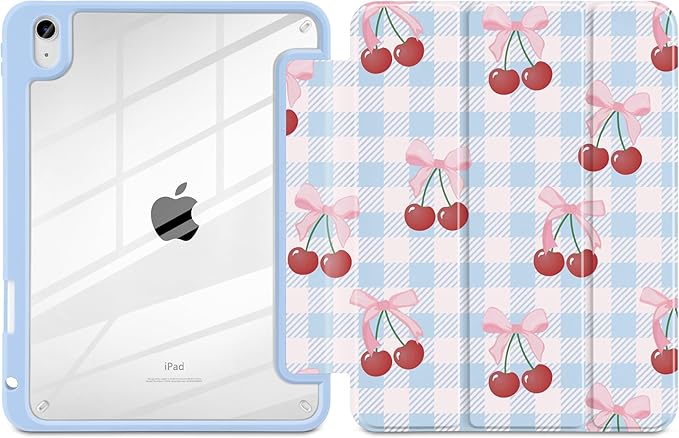 DONGKE Case for iPad (A16) 11th Generation 11 inch 2025 &amp iPad 10th Gen 10.9 inch 2022 [Built-in Pencil Holder] Clear Acrylic Back Trifold Stand Smart Cover Auto Sleep/Wake Blue Cherry