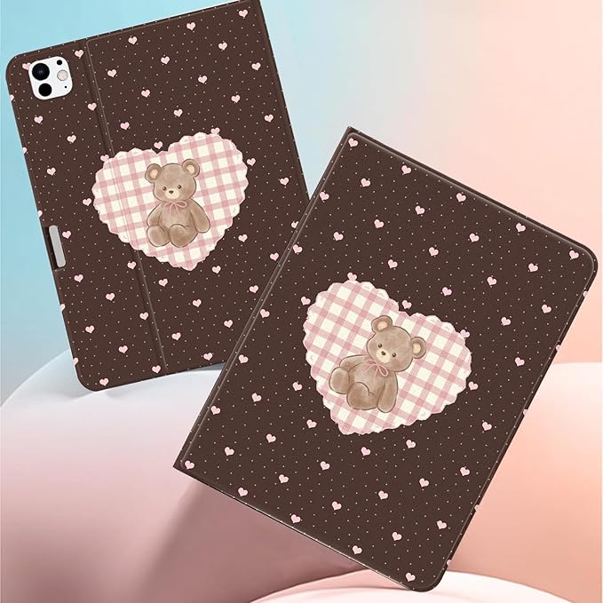 Cute Chocolate Bear Case for iPad Pro 13-inch(M4) 2024Textured Folio Case with Pencil Holder Multi-Angle View Adjustable Stand Auto Wake/Sleep(Model Number:A2925/A2926/A3007) for Girls Boys