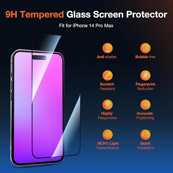 2 Pack HD Clear Screen Protector for iPhone 14 Pro Max 9H+ Tempered Glass Anti-Scratch Film Easy Installation Auto Alignment Dust Removal Military-Grade Protection Bubble-Free