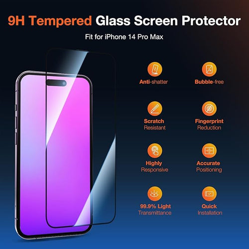 2 Pack HD Clear Screen Protector for iPhone 14 Pro Max 9H+ Tempered Glass Anti-Scratch Film Easy Installation Auto Alignment Dust Removal Military-Grade Protection Bubble-Free