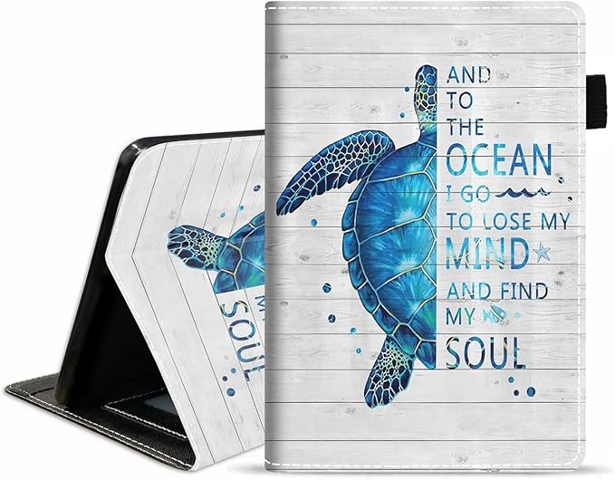 Case for Kindle Fire HD 10/Fire HD 10 Plus Tablet (11th Gen 2021 Released) - Funny Words with Blue Sea Turtle on Rustic Wooden Board Design Slim PU Leather Cover with Auto Sleep Wake