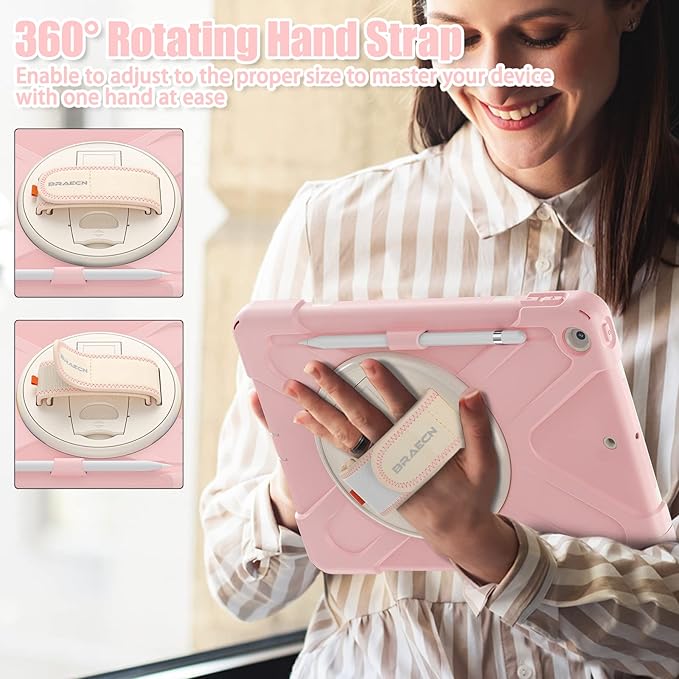 BRAECNstock Kids Case for Apple iPad 9th/ 8th/ 7th Generation 10.2 2021/2020/2019 Shockproof Protective iPad 10.2 inch Case with Screen Protector Pen Holder Rotating Stand &amp Hand Strap Sakura