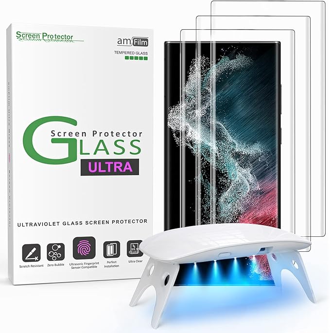 amFilm Glass Screen Protector for Samsung Galaxy S22 Ultra 3D Curved with Liquid Dispersion Tech Designed for Fingerprint Reader Upgraded Easier Application Tray Tempered Glass 3 Pack