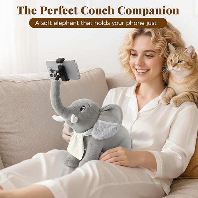 Phone Stand 360°Rotating Desk Phone Stand with 45°Adjustable Trunk Ear Pockets Glasses Cloth Scarf - Plush Phone Holder Back Fits Headphones Cell Phone Stand for desk Bed Sofa Car-Gray/Blue