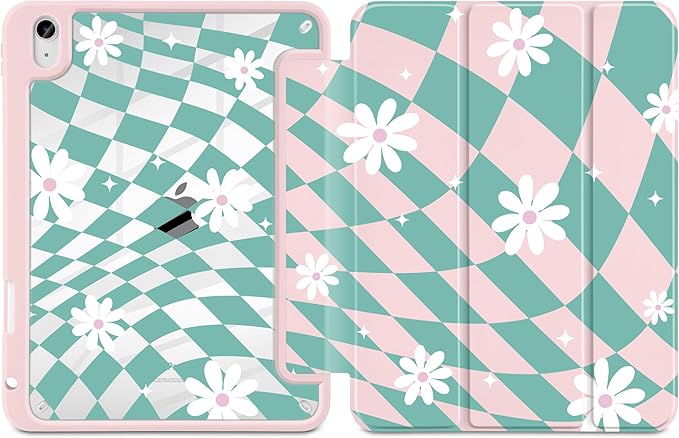 DONGKE Case for iPad (A16) 11th Generation 11 inch 2025 &amp iPad 10th Gen 10.9 inch 2022 [Built-in Pencil Holder] Clear Acrylic Back Trifold Stand Smart Cover Auto Sleep/Wake Checkered &amp Dais