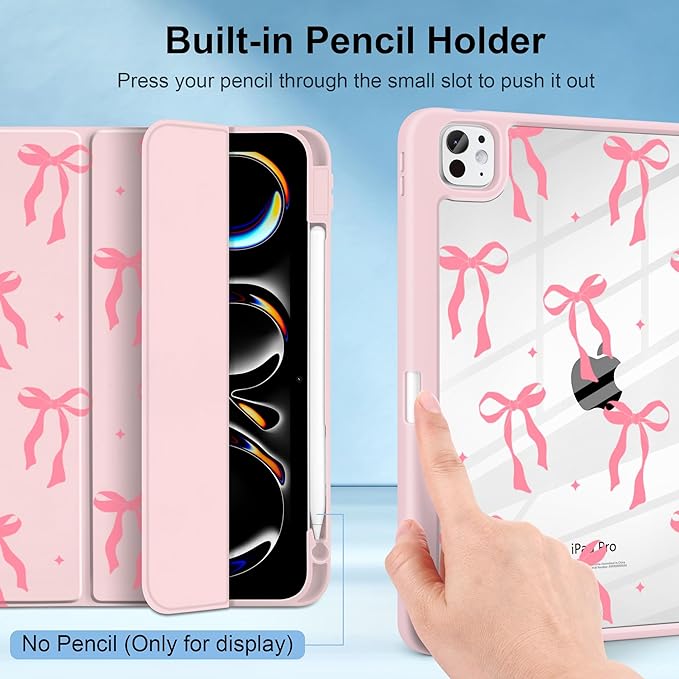 MecBevia Case for iPad Pro 11 inch M5 2025 / M4 2024 (6th/5th Gen) A3357 A3358 A3359 A2836 A2837 A3006 – Built-in Pencil Holder &amp Auto Wake/Sleep Pink Bow