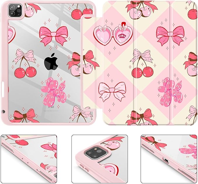 Mektron Case for iPad Pro 11 inch (4th 3rd 2nd &amp 1st Gen) 2022 2021 2020 2018 Buit in Pencil Holder with Shockproof Cover Clear Shell + Auto Wake/Sleep Cherry with Bows