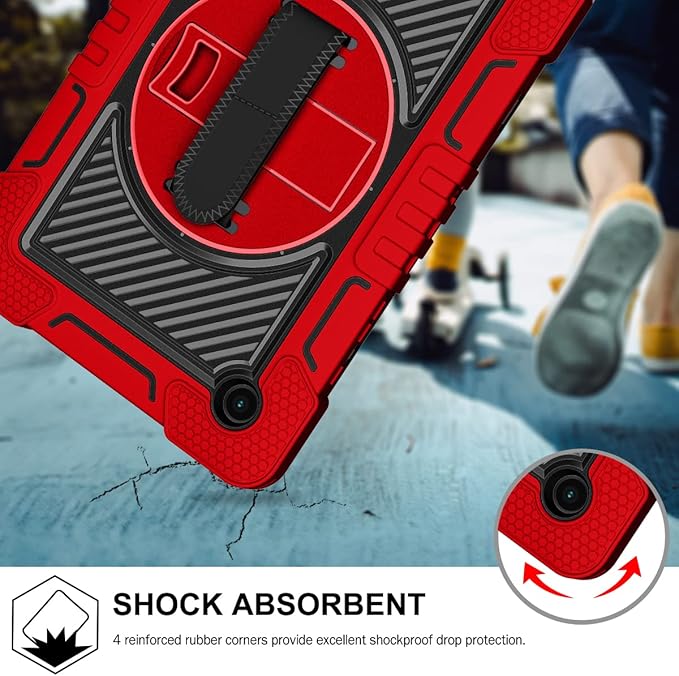 Case for Samsung Galaxy Tab A8 10.5 inch Tablet 2022 (SM-X200/X205/X207) with Hand Strap &amp Shoulder Strap [360° Rotating Kickstand] Hard Rugged Shockproof Swivel Stand Cover Red + Black