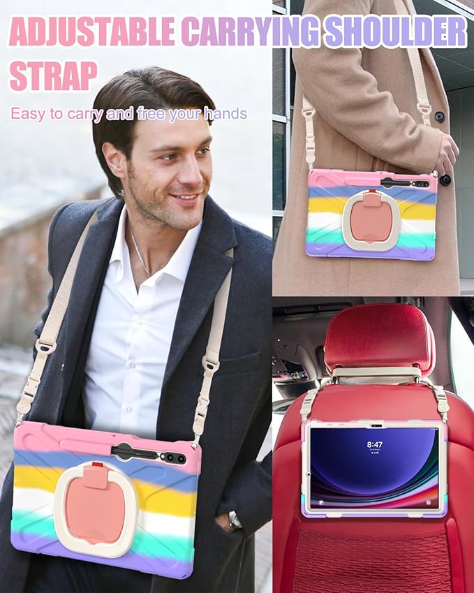 BRAECN Case for Samsung Galaxy Tab S10+/S9 FE+/S9+ 12.4 Inch 2024 Rugged Silicone Case w/S Pen Holder Screen Protector Handle Grip/KickstandShoulder Strap for Galaxy Tab S10 Plus Colorful Pink