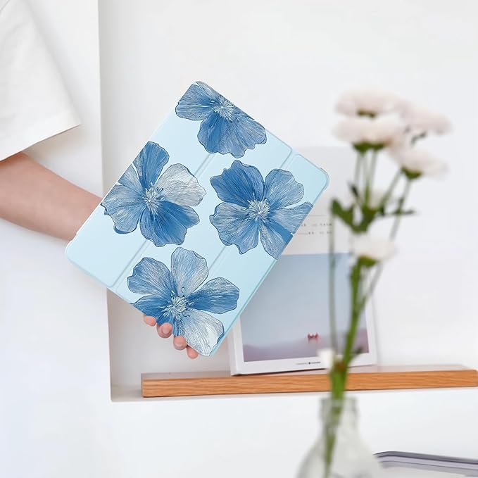 Cute Flower Floral for iPad Air 3 Case with Pencil Holder Auto Sleep/Wake Blue Leather Soft TPU Back Cover for iPad Pro 10.5 Inch 2017