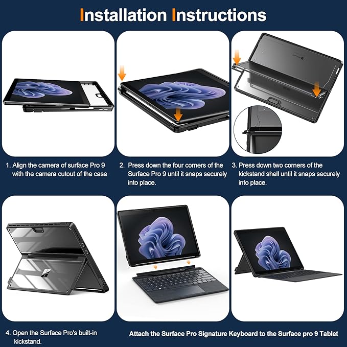 INFILAND Surface Pro 11/10/9 Case Crystal Clear Multi-Angle Shockproof for Microsoft Surface Pro 11th Edition AI 2024 Work with Surface Pro Signature Keyboard &amp Slim Pen 2 Mysterious Black