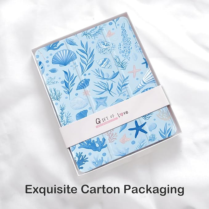 Cute Sea Shell Ocean for iPad 7th/8th/9th Generation Case with Pencil Holder Auto Sleep/Wake Blue Leather Soft TPU Back Cover for iPad 10.2 Inch 2019/2020/2021