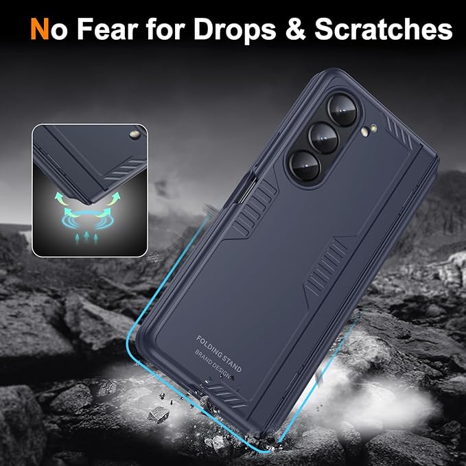 Kaiiecal for Samsung Galaxy Z-Fold-5 Case with S Pen Holder [No Pen] Screen Protector | Hidden Kickstand | Slim Hinge Protection | Scratch Resistent | Anti-Slip Soft Full-Body Cover for Fold5 Blue
