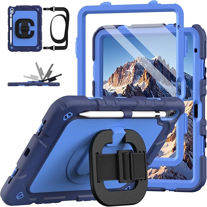 Grifobes for iPad A16 11th/10th Generation Case 2025/2022 for 11 Inch/10.9 Inch iPad Case Cover with Screen Protector 360°Rotate Stand Hand &amp Shoulder Strap Pencil Holder for Kids Navy Blue