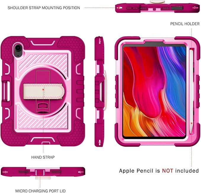 Shockproof Case for iPad mini 2024 (A17 Pro) iPad mini 6 2021 Cover with Shoulder Strap Techcircle Heavy Duty Rotating Kickstand Hand Strap Rugged Protective Case w/Pencil Holder Rose+Pink