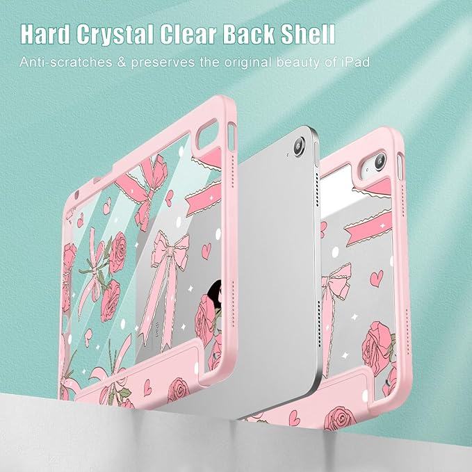Tuiklol Case for iPad 11 inch (A16 Chip) 2025 Gen 11th / iPad 10.9 inch 2022 10th Gen Buit in Pencil Holder with Shockproof Cover Clear Transparent Back Shell Auto Wake/SleepBow &amp Rose