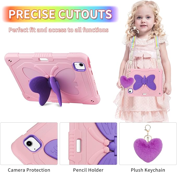 WESADN for iPad Air 5th Generation Case iPad Pro 11 Inch Case 4th/3rd/2nd/1st with Screen Protector/Butterfly Kickstand/Strap/Keychain/Pencil Holder for Kids Girls Cases for iPad Air 4 Pink Purple