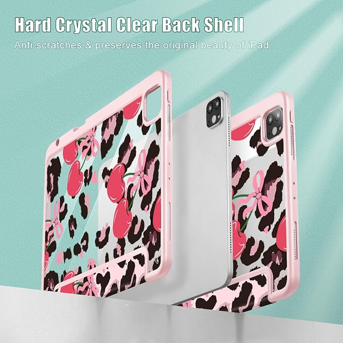 Mektron Case for iPad Pro 11 inch Case M2 2022 Generation 4th Fit 2021 2020 2018 iPad Pro 11 (3rd 2nd &amp 1st Gen) -Buit in Pencil Holder with Shockproof Cover Clear Shell Cherry &amp Cheetah