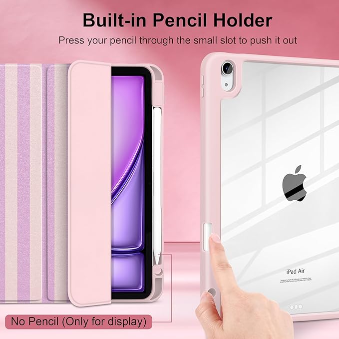 DONGKE Case for iPad Air 11-inch M4 2026 &amp M3 2025 &amp M2 2024 iPad Air 5th/4th Generation 10.9 2022/2020 [Built-in Pencil Holder] Clear Acrylic Back Trifold Stand Smart Cover Pink Stripes