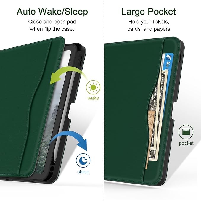Case for iPad Pro 11 inch (M5/M4) 2025/2024 Multi-Angle PU Leather Cover for i Pad Pro 11 with Pencil Holder/Hand Strap/Pocket Auto Wake/Sleep Deep Green