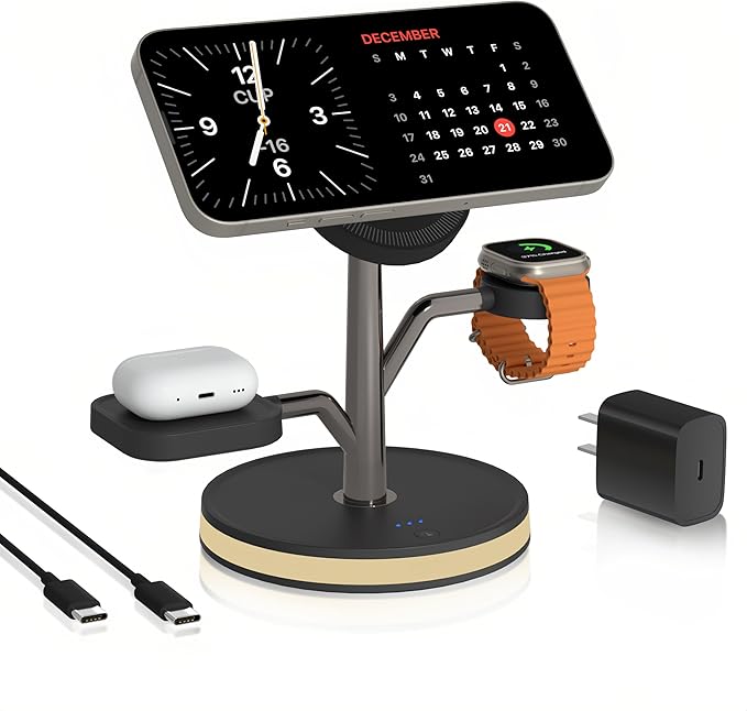 3 in 1 Charging Station for Apple Devices Fast Charging Magsafe Charger Stand with LED Light and 20W PD Adapter Wireless Nightstand Charger for iPhone17/16/15/14/13/12 SeriesAirPodsiWatch and More