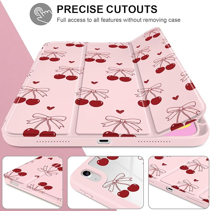 DONGKE Case for iPad (A16) 11th Generation 11 inch 2025 &amp iPad 10th Gen 10.9 inch 2022 [Built-in Pencil Holder] Clear Acrylic Back Trifold Stand Smart Cover Auto Sleep/Wake Cherry &amp Heart