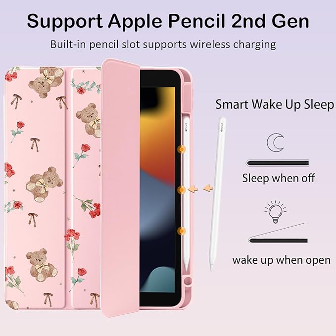Cute Kawaii Bear Rose for iPad 7th/8th/9th Generation Case 10.2 Inch 2019/2020/2021 with Pencil Holder Auto Sleep/Wake Pink Leather Acrylic Back Cover