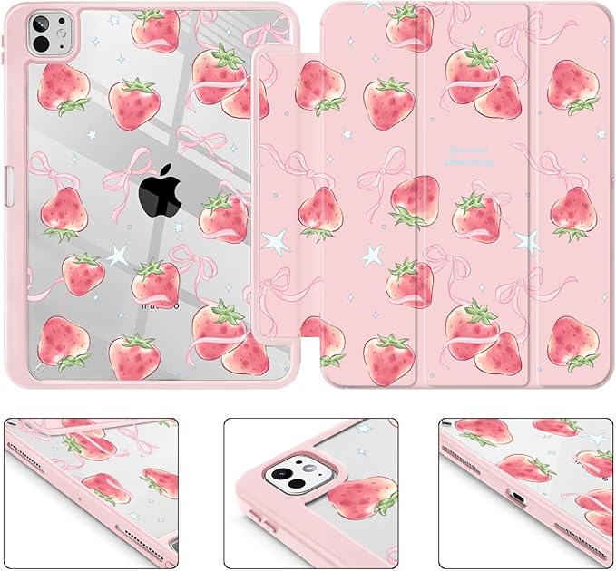May Chen Case for iPad Pro 11-Inch M5/M4 2025/2024 (6th/5th Generation) Clear Transparent Print Back Shell Slim Stand Shockproof Tablet Cover Auto Wake/Sleep Bow Strawberry