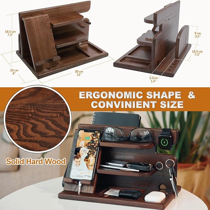 TESLYAR Wood Phone Docking Station for Men - Desktop or Nightstand Organizer - Birthday gifts for Men or Dad - Anniversary Idea from Wife - Key Holders for Wallet Watch &amp Essentials (Chestnut Br