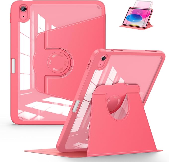 Soke Rotating Case for iPad (A16) 11th Generation 2025 iPad 10th Gen 2022 with Pencil Holder [Shockproof + Auto Sleep/Wake] 360 Degree Rotation Clear Back for iPad 11/10.9 - Watermelon