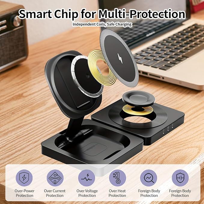 3-in-1 Foldable Wireless Charging Station Compatible with iPhone 17/16/15/14/13/12 Apple Watch AirPods Magnetic Fast Charging Stand Travel Charger
