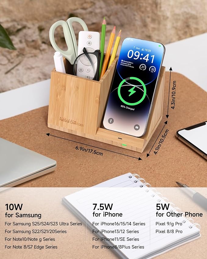 Bamboo Pen Holder for Desk &amp Nightstand Organizer with Fast Wireless Charging for iPhone Samsung &amp More – Office Desk Accessories for Men/Women (Bamboo)