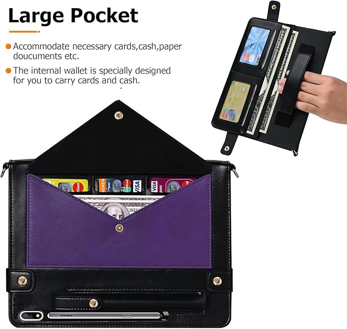 Dteck Case for Galaxy Tab S10 Plus/S9 FE Plus/S9+/S8+/S7 FE/S7+ 12.4Business PU Leather Fold Stand Protective Cover with S Pen Holder Shoulder Hand Strap Card Slots Bag Wallet CoverPurple/Black