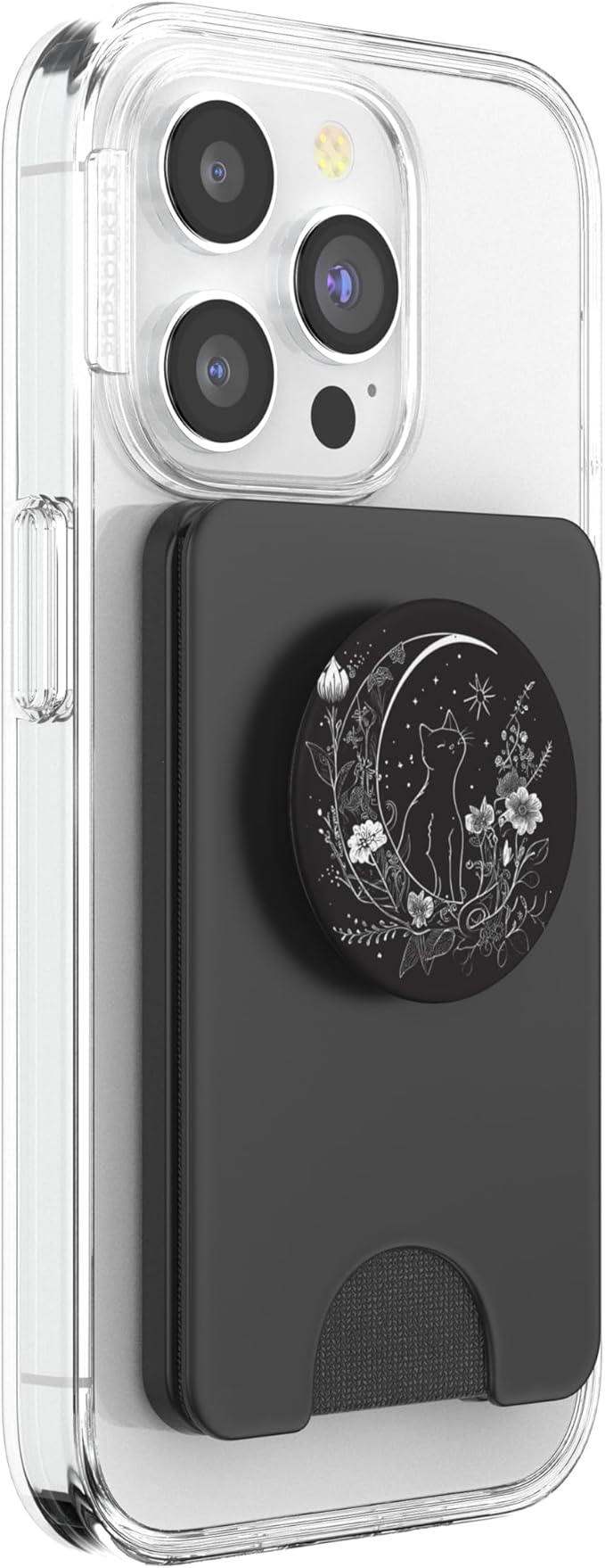 Cat Sitting On Crescent Moon Flowers Stars Drawing PopSockets PopWallet for MagSafe