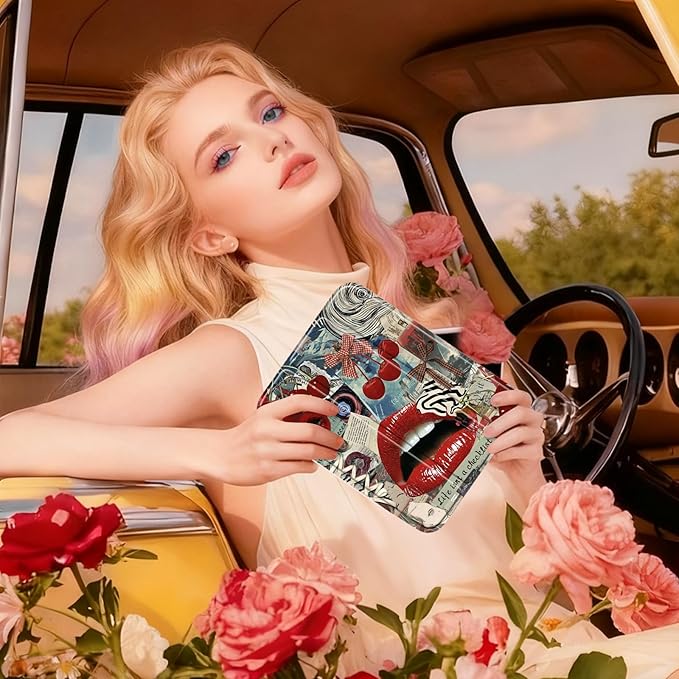 Y2K Retro Red Lips Cherry Design Case for iPad mini 6/7 (8.3) Cover with Pencil Holder DIY Stickers Tri-Fold Stand Auto Wake/Sleep for Girls