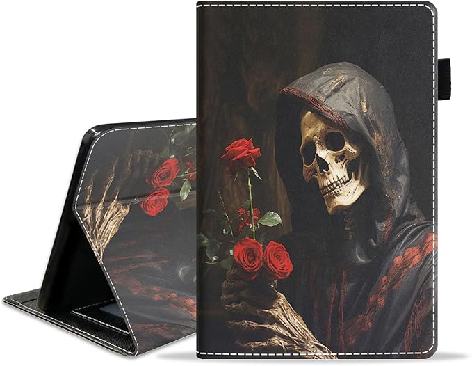 Case for Amazon Kindle Fire 7 Tablet (7 9th/7th Generation 2019/2017 Release) Slim PU Leather Cover with Card Slot &amp Auto Wake/Sleep Skull Rose