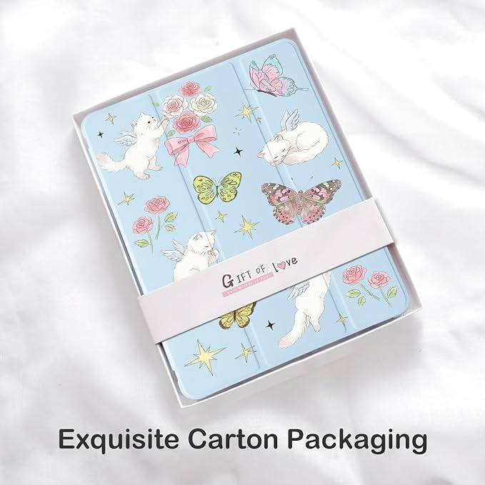 Cute Kitten Cat Butterfly for iPad Pro 11 Inch Case 4th/3rd/2nd Generation 2022/2021/2020 with Pencil Holder Auto Sleep/Wake Blue Leather Soft TPU Back Cover