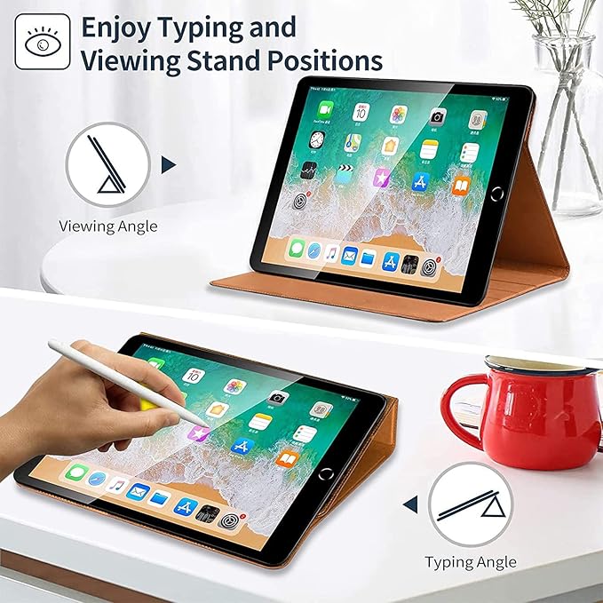 Gexmil Case for iPad 9.7 Inch6th/5th Generation(2018/2017)-iPad Air 2/1 Gen. Genuine Leather Cover Anti Fingerprint/SlipCowhide Folio Cover Auto Sleep/Wake with Adjustable StandBrown