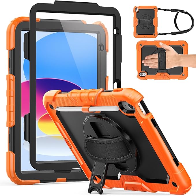 Weuiean Case for iPad A16 11th/10th Generation 11/10.9 Military-Grade Heavy-Duty Shockproof Cover with 360° Rotating Stand Built-in Pencil Holder &amp Adjustable Hand/Shoulder Strap - Black+Orang