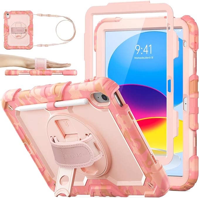 SEYMAC stock Case for iPad (A16) 11th/10th Generation 11''/10.9'' 2025/2022 Full-Body Drop Protection Case with Screen Protector &amp360° Rotate Hand Strap/Stand Camo Pink