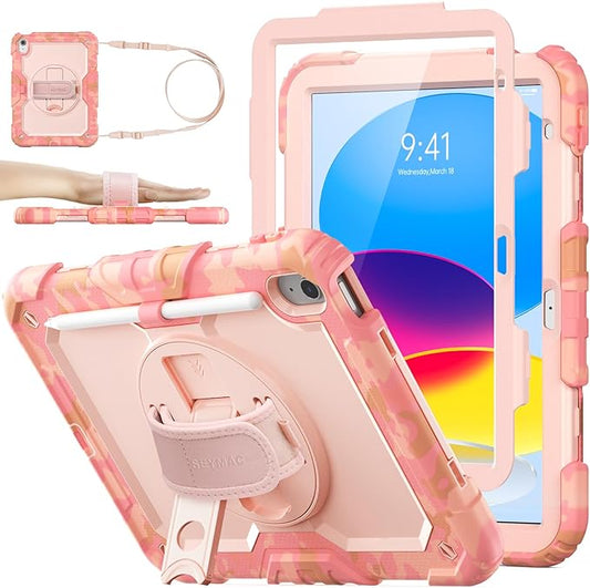 SEYMAC stock Case for iPad (A16) 11th/10th Generation 11''/10.9'' 2025/2022 Full-Body Drop Protection Case with Screen Protector &amp360° Rotate Hand Strap/Stand Camo Pink