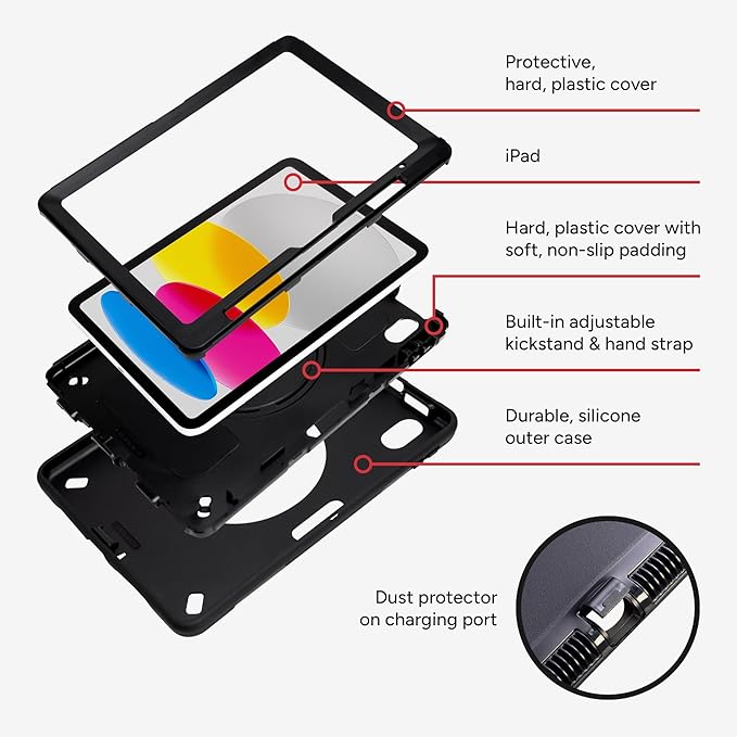 ZAGG Rugged Tablet Case for iPad 11 (A16)/ 10.9-inch (Gen. 10) - Protective 360° Rotating Hand Strap Integrated Kickstand Drop-Proof Ideal for Business Warehouse and Field Use Black