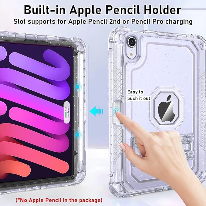 Case for iPad mini A17 Pro for iPad mini 7th/6th Generation Case 8.3 inch 2024/2021 with Pencil Holder/Stand Slim Cover for i Pad Mini 7/6 (Clear Glitter)