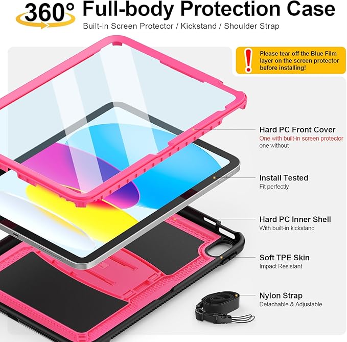 SEYMAC stock Case for iPad (A16) 11th/10th Generation 11''/10.9'' 2025/2022 with Built-in Screen Protector Shoulder Strap Built-in Kickstand Rugged Full Body Shockproof Protective Case Pink