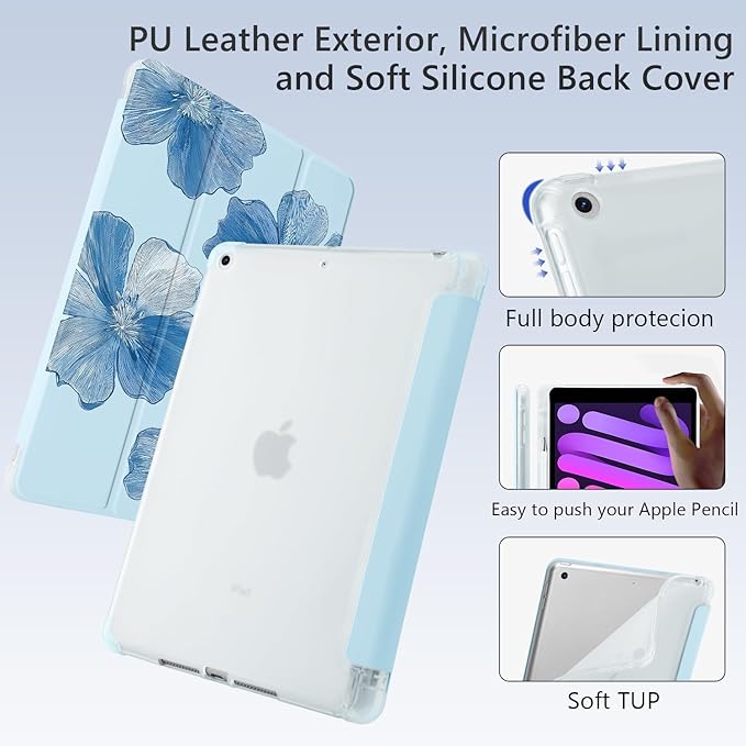Cute Flower Floral for iPad Air 3 Case with Pencil Holder Auto Sleep/Wake Blue Leather Soft TPU Back Cover for iPad Pro 10.5 Inch 2017